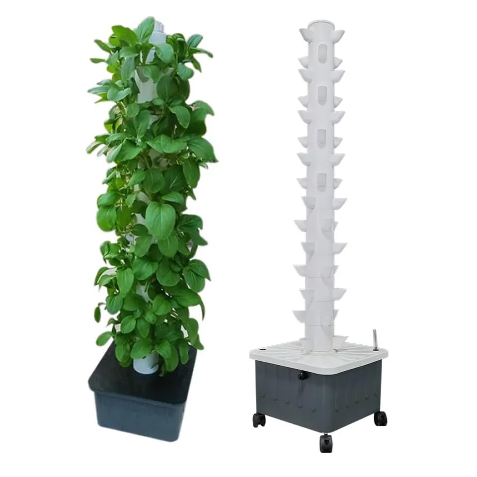 Planted Tank - 垂直水耕栽培タワー エアロポニックタワー ハーブ、果物、野菜用 15層 45植え場所 可動式水槽付き