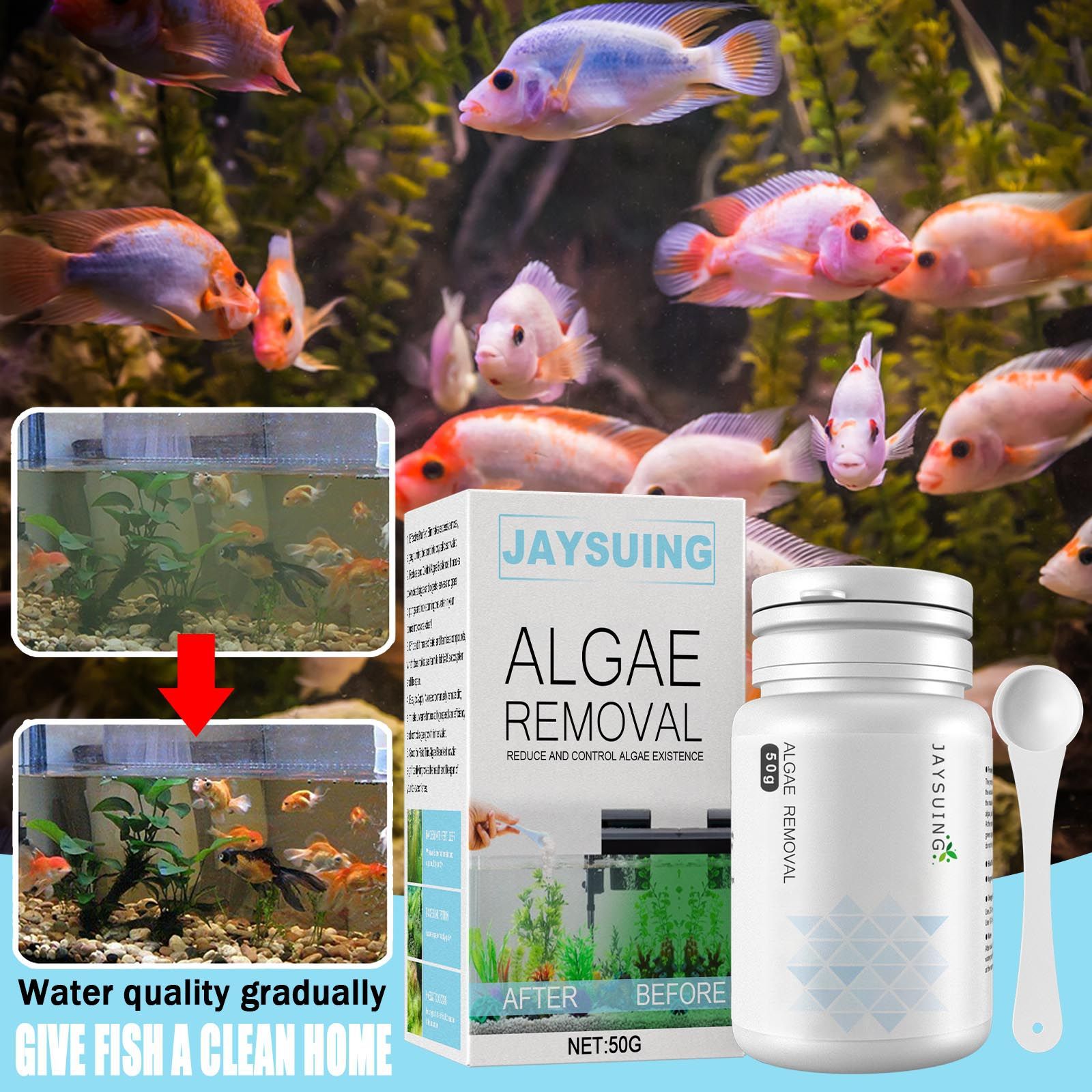 水槽用藻類除去パウダー、藻類・苔抑制剤、水槽や池の水を澄明に - Aquarium Moss のレビューと価格